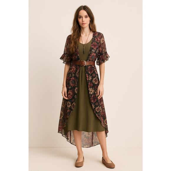 Sheer Chiffon Retro Boho Floral Ruffle Trim Hi Low Hem Cottage Prairie Kimono SM - Picture 1 of 13